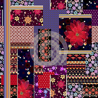 Patchwork seamless pattern with floral and geometric snippets. Vector design Vector Illustration