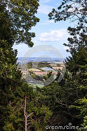 A patchwork set of farmers fields glimpsed through a forest Stock Photo