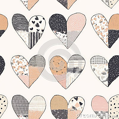 A patchwork-style heart pattern, where each heart is filled with a different textured fabric print, Stock Photo