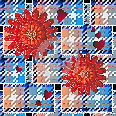 Patchwork tartan plaid seamless pattern. Striped floral background. Geometric repeat checks backdrop. 3d tiled ornaments with red Vector Illustration