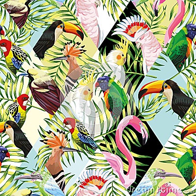 Patchwork tropical birds palm leaves multicolor background Vector Illustration