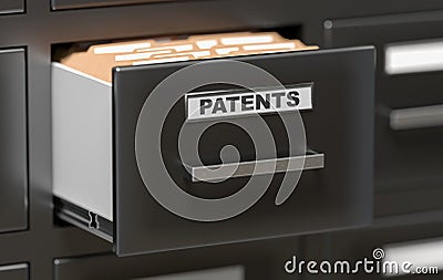 Patent files and documents in cabinet in office. 3D rendered illustration Cartoon Illustration