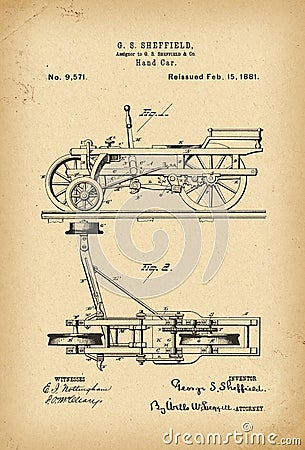 1881 Patent hand car railway trolley history invention Stock Photo