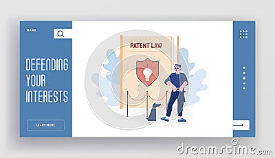 Patent Law and Authorship Protection Website Landing Page. Security Man, Guardian with Dog at Huge Book Vector Illustration