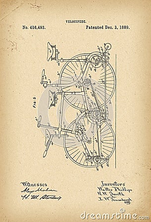 1889 Patent Velocipede Bicycle archival history invention Stock Photo