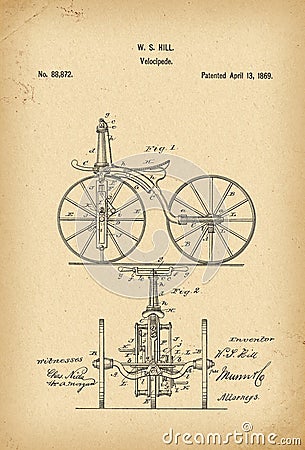 1869 Patent Velocipede Bicycle history invention Stock Photo