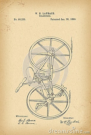 1869 Patent Velocipede Bicycle history invention Stock Photo