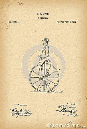 1869 Patent Velocipede Bicycle history invention Stock Photo