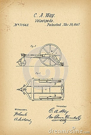 1867 Patent Velocipede Bicycle history invention Stock Photo