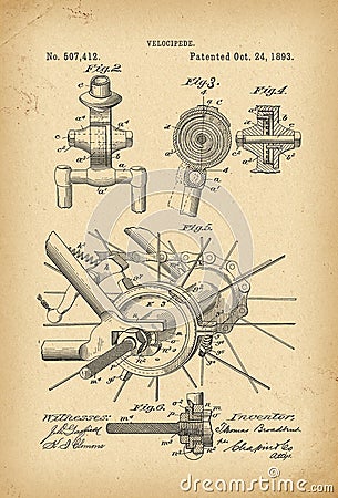 1893 Patent Velocipede Bicycle history invention Stock Photo