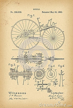 1882 Patent Velocipede Bicycle history invention Stock Photo