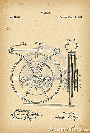 1869 Patent Velocipede Bicycle history invention Stock Photo