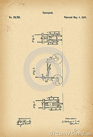 1869 Patent Velocipede Bicycle history invention Stock Photo