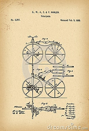 1869 Patent Velocipede Bicycle history invention Editorial Stock Photo