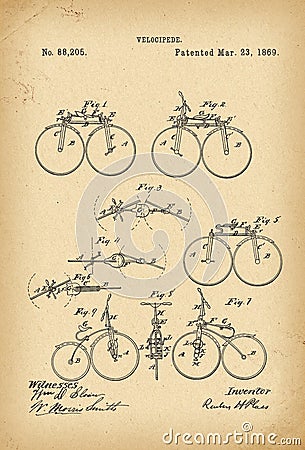 1869 Patent Velocipede Bicycle history invention Stock Photo