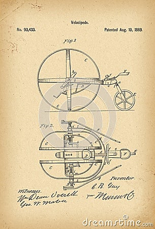 1869 Patent Velocipede Bicycle history invention Stock Photo