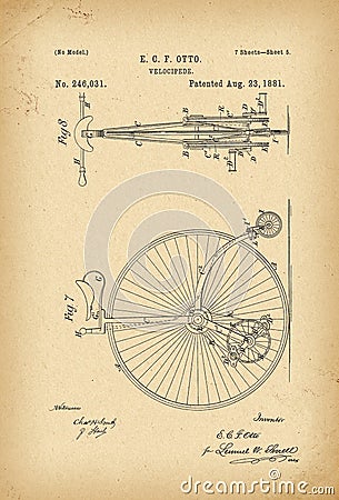 1881 Patent Velocipede Bicycle invention Stock Photo