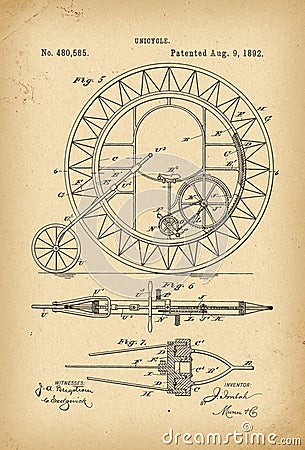1892 Patent Velocipede Bicycle Unicycle history invention Stock Photo