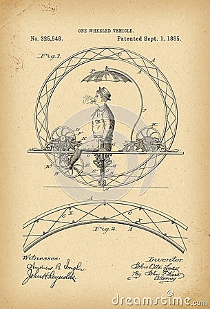 1885 Patent Velocipede Bicycle Unicycle history invention Stock Photo