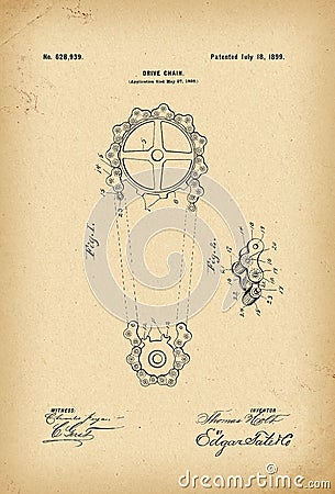 1899 Patent Velocipede Drive chain Bicycle archive history invention Stock Photo