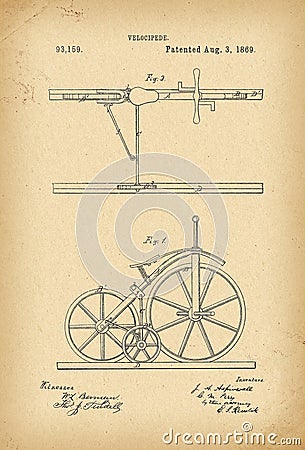 1869 Patent Velocipede railway Bicycle history invention Stock Photo