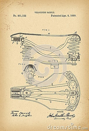 1889 Patent Velocipede Saddle Bicycle archival history invention Editorial Stock Photo