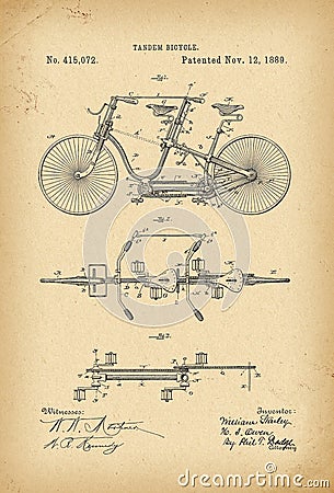 1889 Patent Velocipede Tandem Bicycle archival history invention Stock Photo