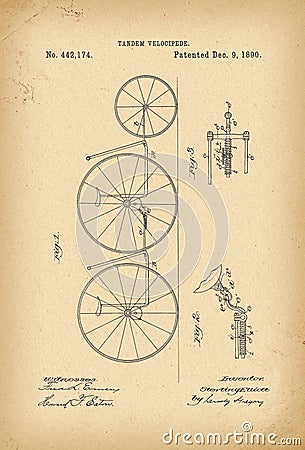 1890 Patent Velocipede Tandem Bicycle archival history invention Stock Photo