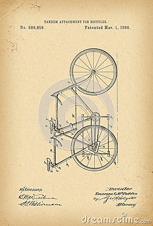1898 Patent Velocipede Tandem Bicycle archival history invention Stock Photo