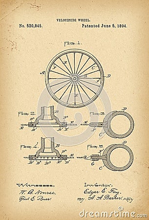 1894 Patent Velocipede wheel Bicycle archival history invention Stock Photo