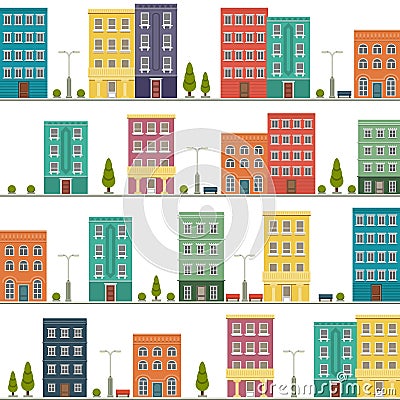 Patern seamless tile cartoon houses street panorama with with roads, windows, doors. Funny minimal flat cityscape Vector Illustration