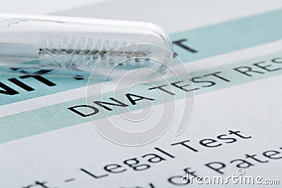 Paternity test result form with buccal swab in test tube Stock Photo