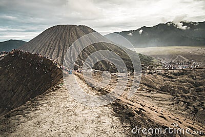 Path on active Bromo volcano`s rim Stock Photo