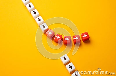The path of the arrows deviates from the main path. Stock Photo