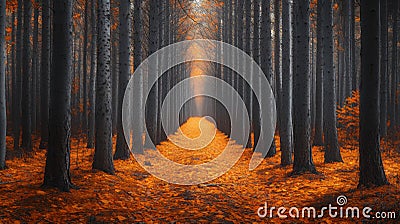 A Path Through an Autumnal Forest of Tall, Dark Trees Stock Photo