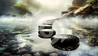 Path of Black Stones on the Water in a Zen Garden - Generative Ai Stock Photo