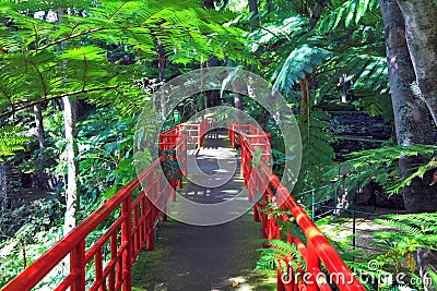 Path and bridge with red fence Stock Photo