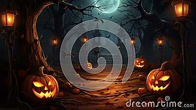 Path of carved pumpkins leading to a spooky old house Stock Photo