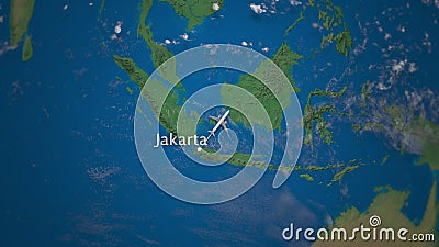 Route of commercial airplane flying from Jakarta to Tokyo on the Earth globe. International trip intro animation Stock Photo