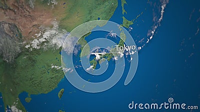 Route of commercial airplane flying from Tokyo to Dubai on the Earth globe. International trip intro animation Stock Photo