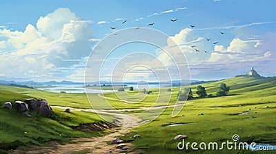 Digital Painting Of A Serene Grassland Landscape With Ornithological Accurate Details Stock Photo