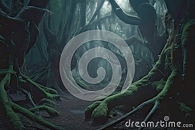 Path in dark misty fairy tale forest. Generative AI illustration Cartoon Illustration