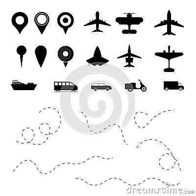 Path flight travel plane and trip transport symbols, set of airplane fly aircraft transports symbol vector illustration Vector Illustration