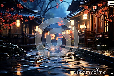 The path through a gate to a Japanese street city night, Japanese inspirations Stock Photo