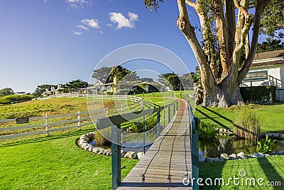 Path going over a green meadow; restaurants in the background, Carmel-by-the-Sea, Monterey Peninsula, California Stock Photo