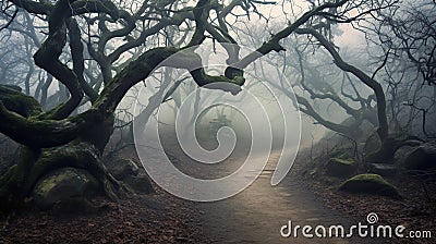 Path through misty foggy forest - generative AI, AI generated Stock Photo
