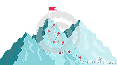 Path in mountain. Success journey with goal in destination. Challenge for leaders growth. Flag in peak of progress. Top target in Vector Illustration