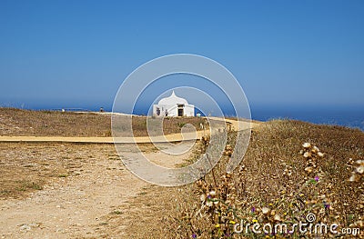 Path near Ermida da Memoria or Memory Chapel of Nossa Senhora do Cabo Church near cape Espichel, Portugal Stock Photo