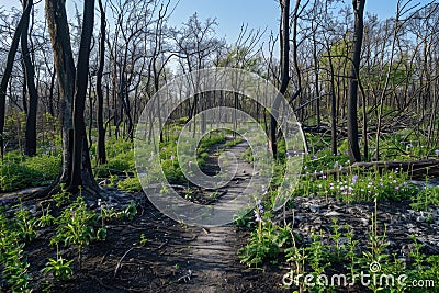 Path Through Regrowth in Forest After Wildfire with Young Green Plants Stock Photo