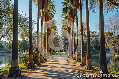 A path runs alongside a serene lake, bordered by a row of towering palm trees, Palm tree alley leading towards a shimmering lake Stock Photo